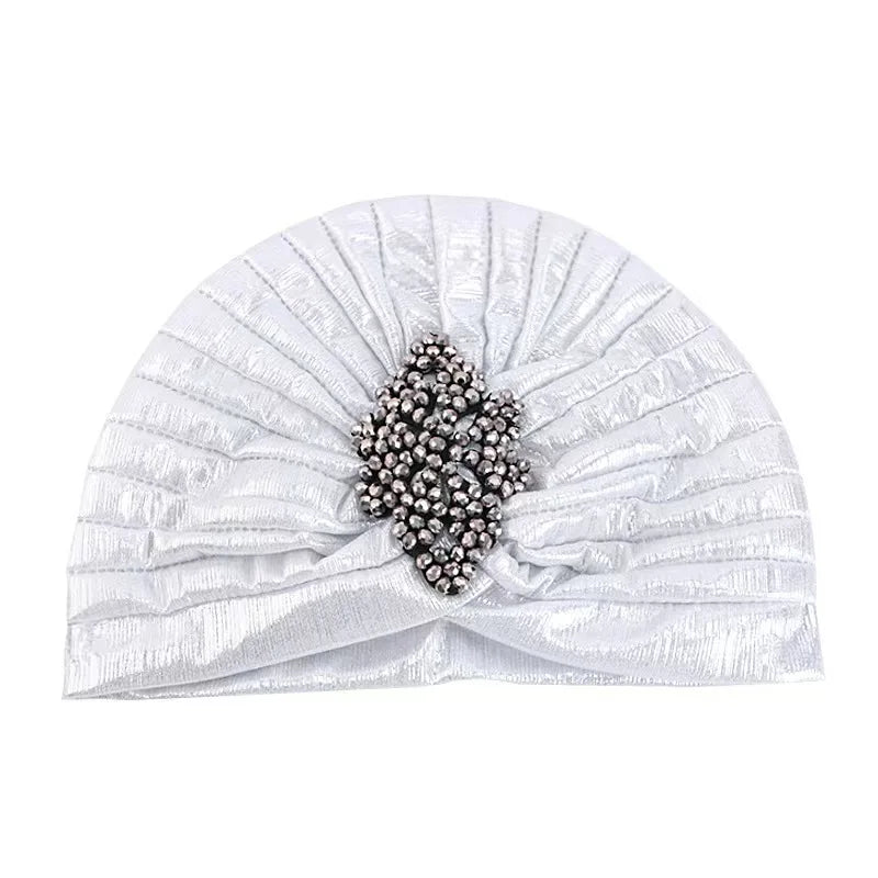 Ethnic Gathered Headscarf with Clover Crystal Gold Foil Print Fashion Hair Cover for Women Hijab Head Wrap Accessory White