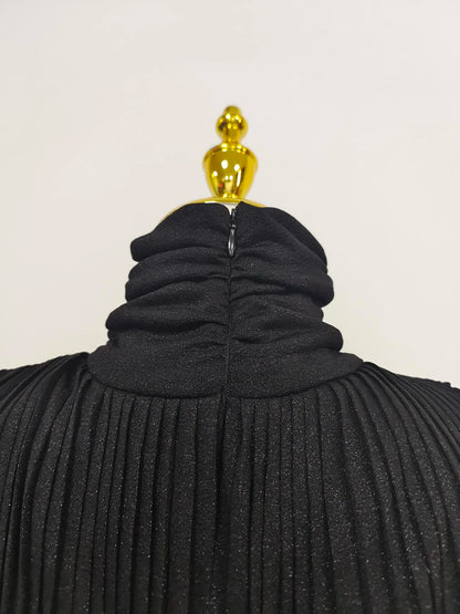 TWOTWINSTYLE Solid Spliced Belt Slimming Dresses For Women O Neck Long Sleeve High Waist Temperament Long Dress Female Clothes