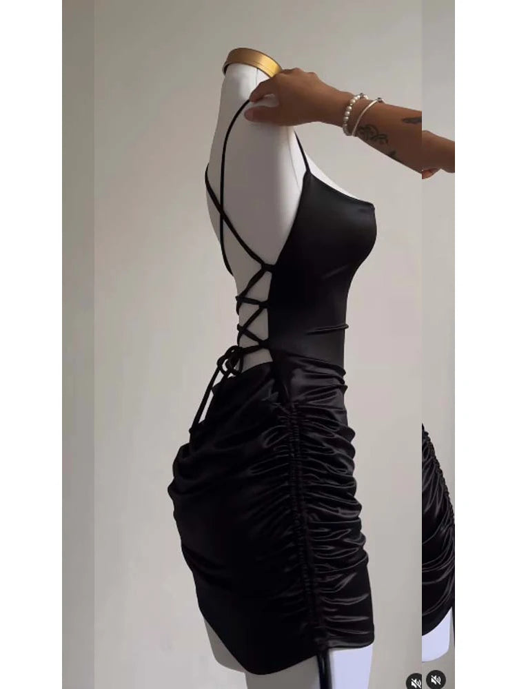 Sexy Satin Lace Up Bodycon Mini Dress Women Sleeveless Backless Party Club Dresses Streetwear Elegant Evening Clothes Black Robe