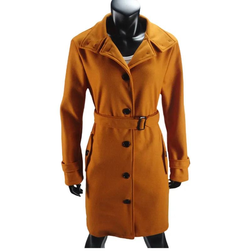 New Solid Color Button Long Wool Coat Autumn Warm Stand Collar Women Coat Fashion Ladies High Neck Pocket Belt Trench Coat Badiee Stylez
