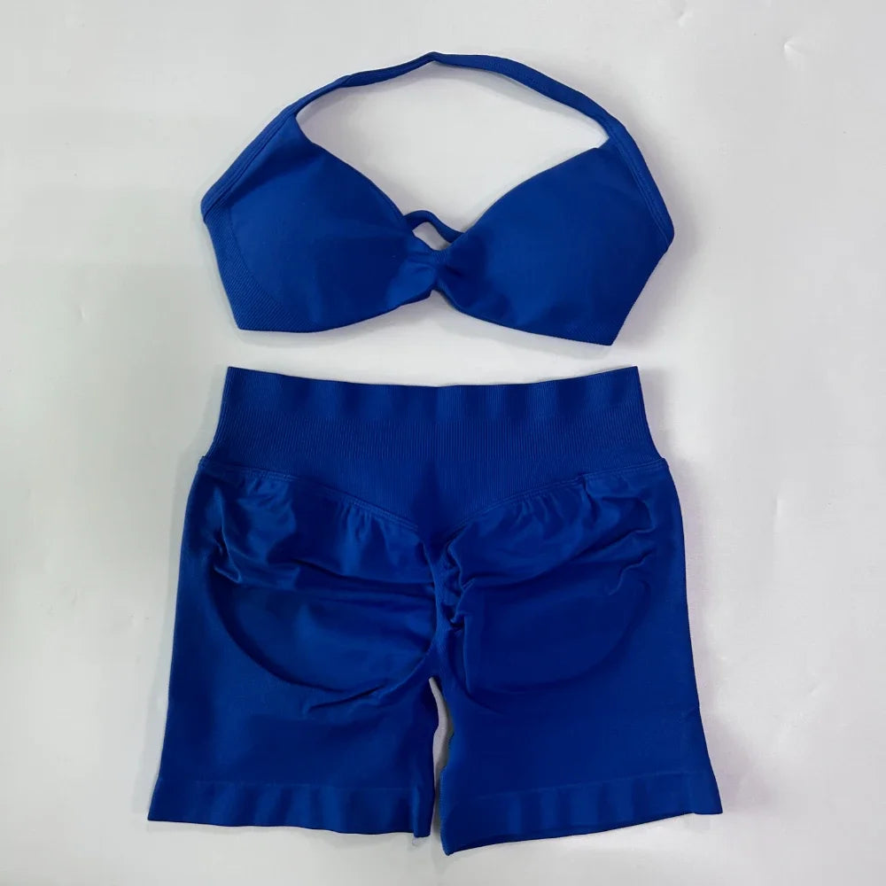 NO LOGO 2PCS Gym Set Women Strappy Yoga Bra Top High Waist Workout Scrunch Shorts Sports Suit Seamless Yoga Set Fitness Clothes Badiee Stylez