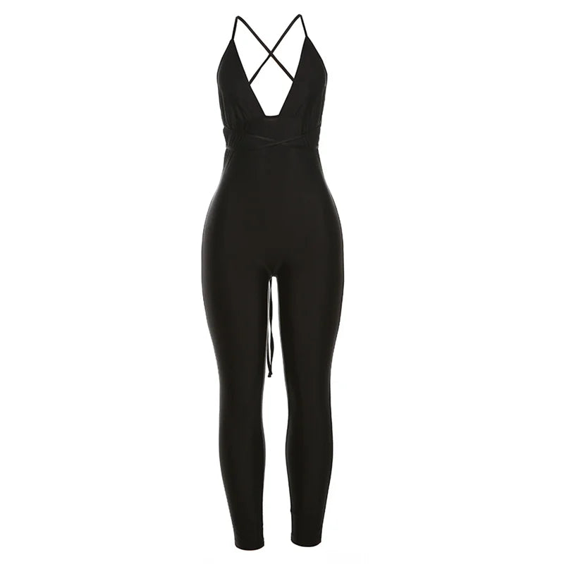 Weird Puss Hipster Fitness Jumpsuit Women Backless Sleeveless Deep v-Neck Cross Bandage Skinny Stretch Workout Sporty Streetwear