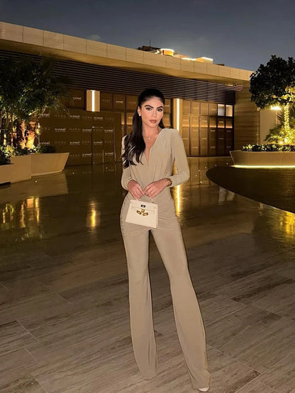 InGrily Simple Smooth Jumpsuit Women Cross v-Neck Long Sleeve Folds Skinny Solid Sexy Hipster Elegant Street Classic Chic Outfit Badiee Stylez