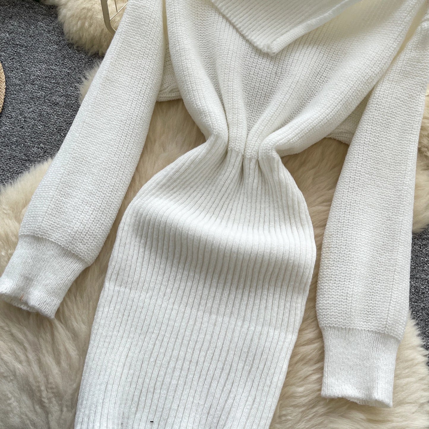 SINGREINY Autumn Knitwear Bodycon Dress Diagonal Collar High Elastic Slim Fit Design Female Light Luxury Solid Sweater Dress