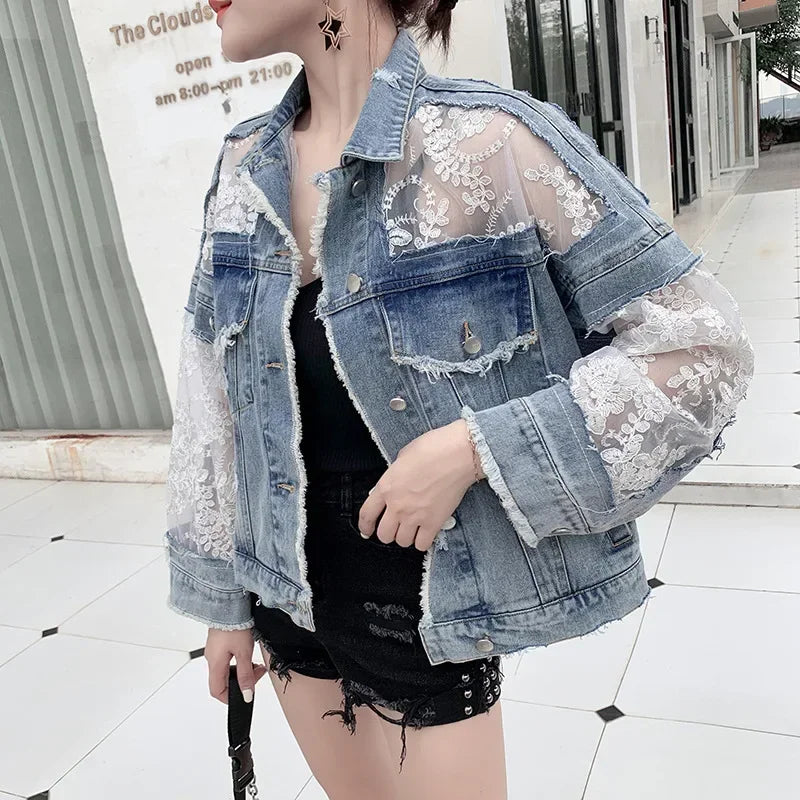 Cotton Denim Coat Women Lace Spring Autumn Ropa Cardigan Jeans Maxi Punk Gothic Bomber Jacket Windbreaker Y2k Jackets Korean blue