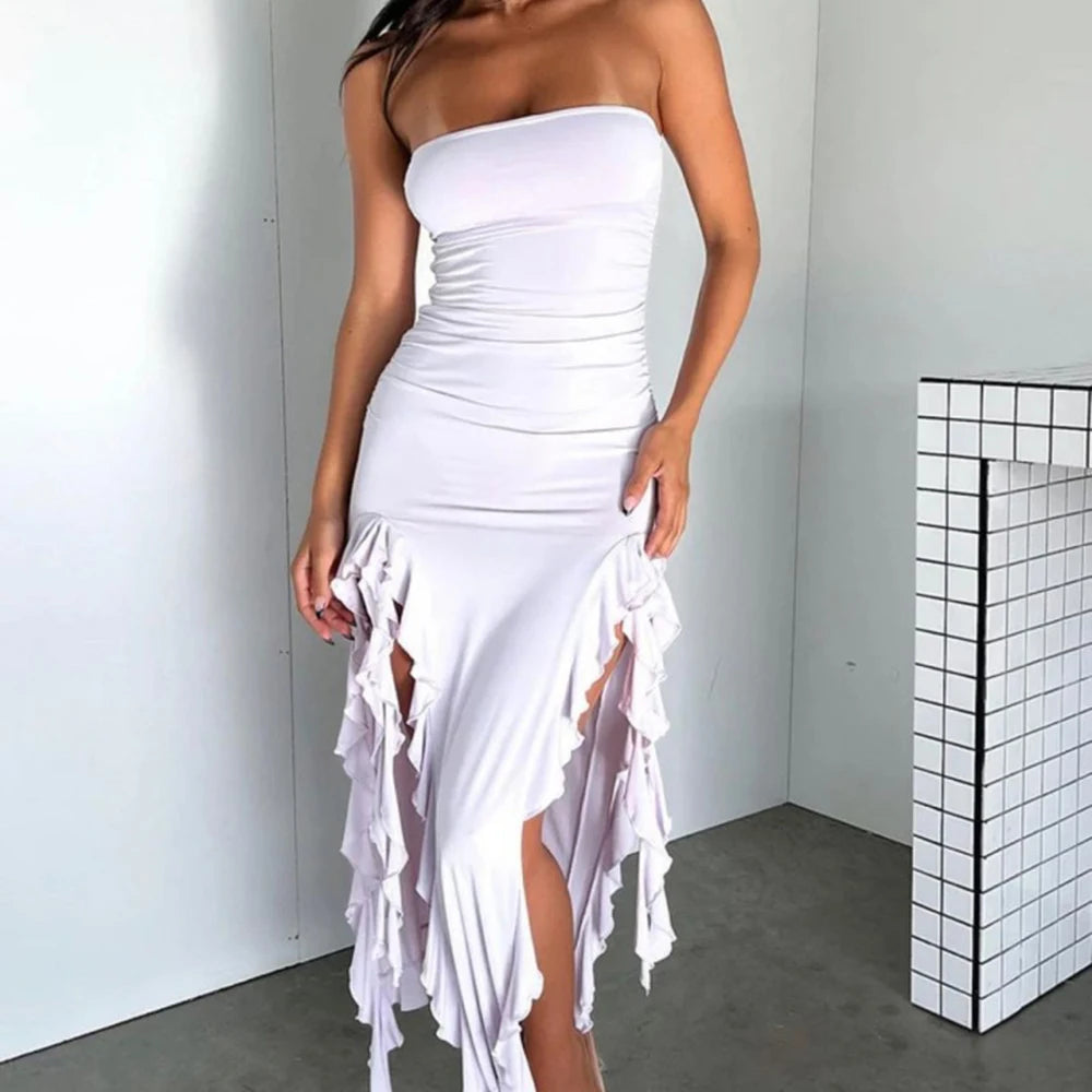 WonMiracle Elegant Strapless Dress Women Irregular Tassel 2024 Summer Trend Skinny Split Maxi Bodycon Party Dress For Women
