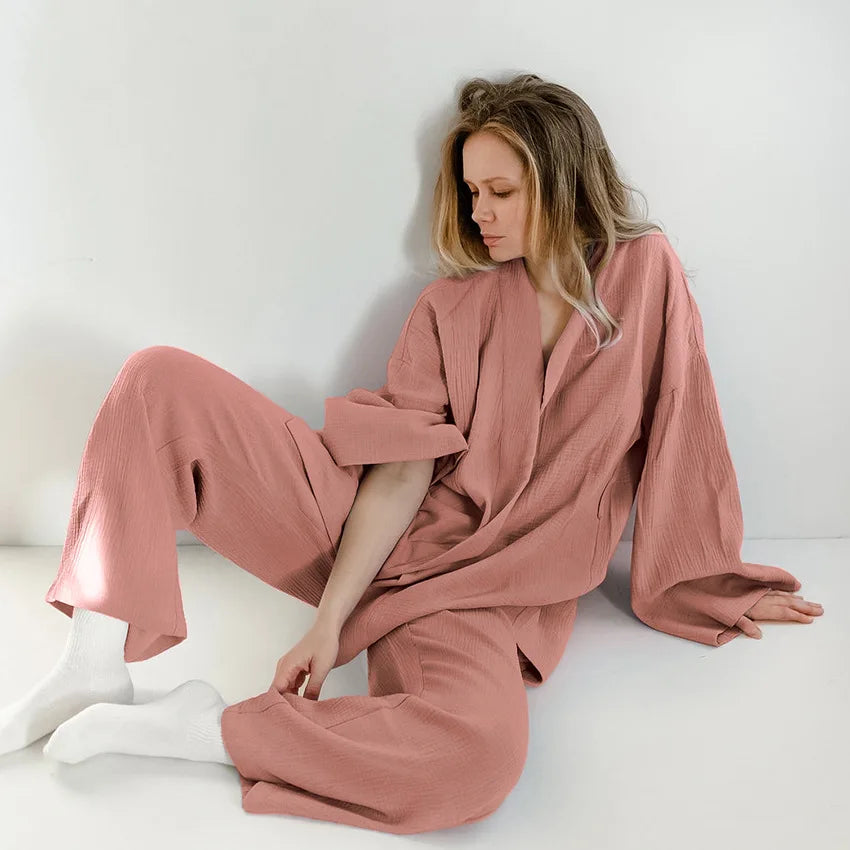 NHKDSASA Kimono Pajamas 2023 New 100% Cotton Crepe Long-Sleeved Trousers Ladies Sleepwear Suit Women's Home Service Mujer Light Brown