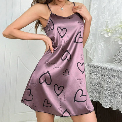 Women's Sleepdress Satin Floral Print Nightdress Comfortable Spaghetti Strap Sleepwear Dress Luxurious Satin Slip Nightdress Purple