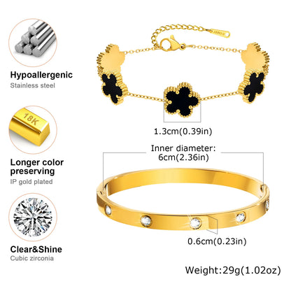Vnox Exquisite 13mm Clover Bracelet Set for Women, Love Gift Bracelets for Wife Mothers Day Jewelry, Stainless Steel Cuff Bangle Badiee Stylez