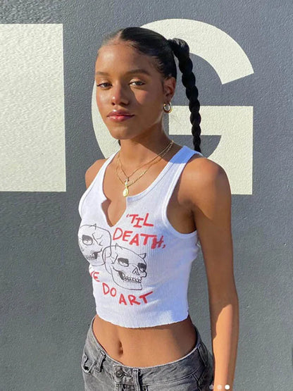 Square Collar Trendy Letter Print With Pin Buckles Tank Tops Women Skull Printed Casual Stretchy Sleeveless Crop Top WHITE