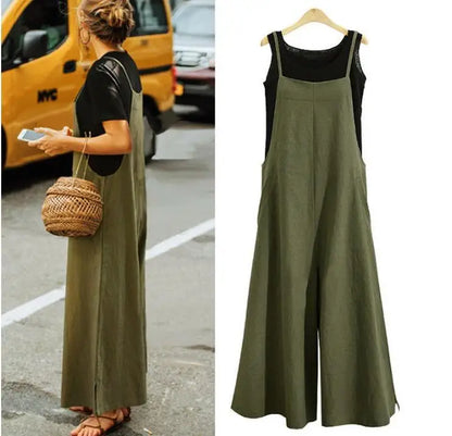 Women Straps Jumpsuit Summer Solid Color Wide Leg Pants Dungaree Bib Overalls Casual Loose Sleeveless Cotton Linen Jumpsuits 5Xl Badiee Stylez