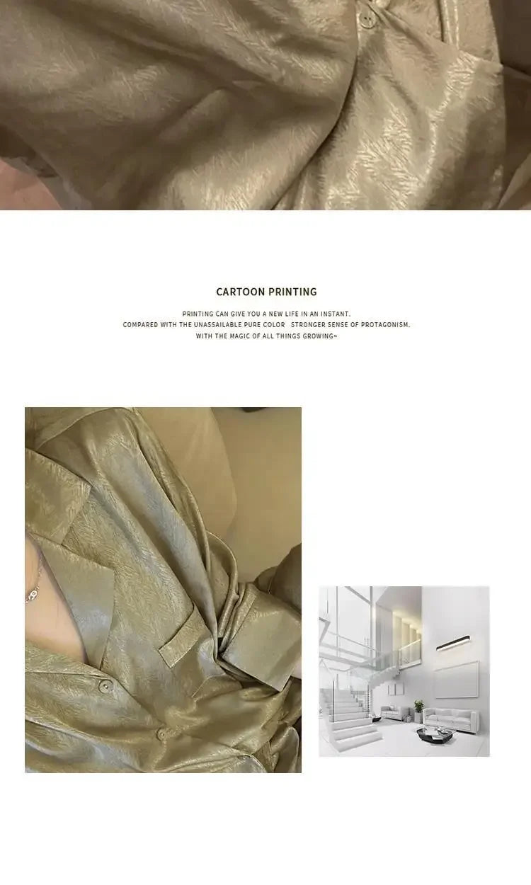 Women's Gray Ink Painting Ice Silk Pajamas Ladies Spring and Autumn Thin Long-Sleeved High-End Sleepwear Loungewear Cherry Print