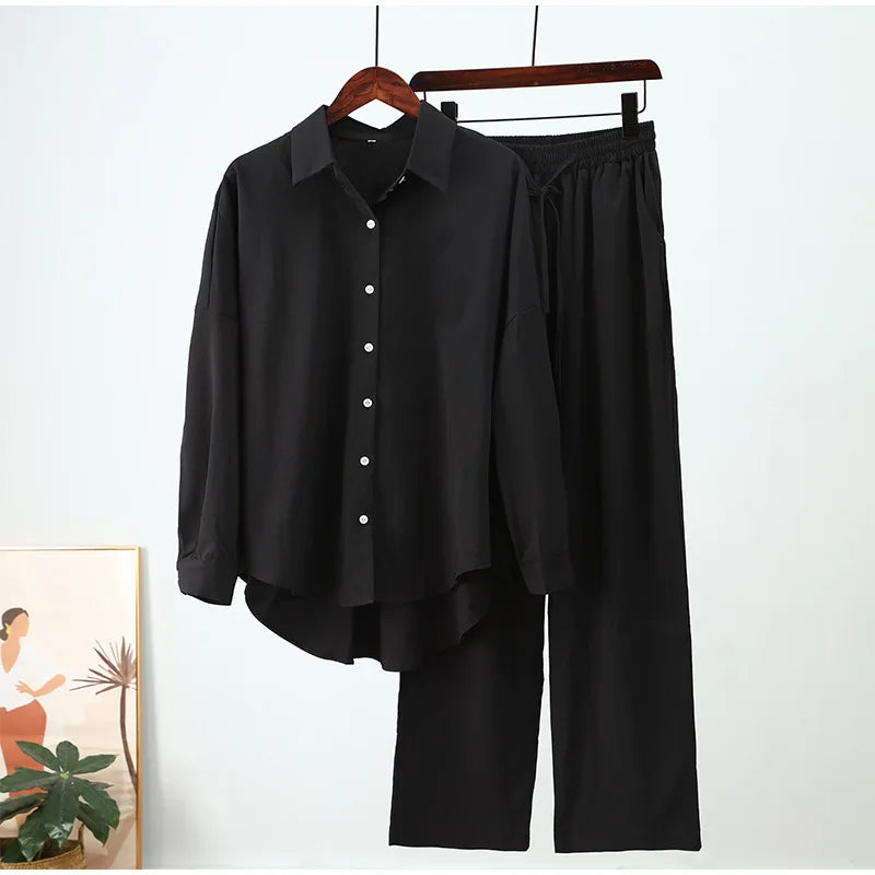 Holiday Wide Leg Pants Set Two Piece Set Women Vintage Boho Maxi Shirt Autumn Casual Loose Work Streetwear Y2k 2025 Outfits