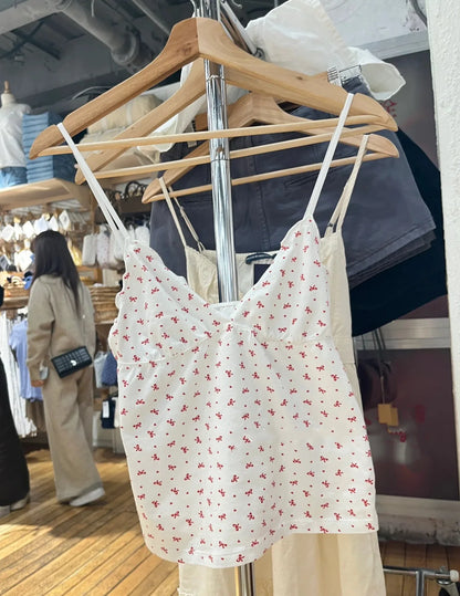 Floral Print Bow V Neck Camis Women Chic Lace Trim Sleeveless Slim Crop Tops Vest Sweet Casual Fashion Raw Hem Tank Top Y2k New Red bow print One Size