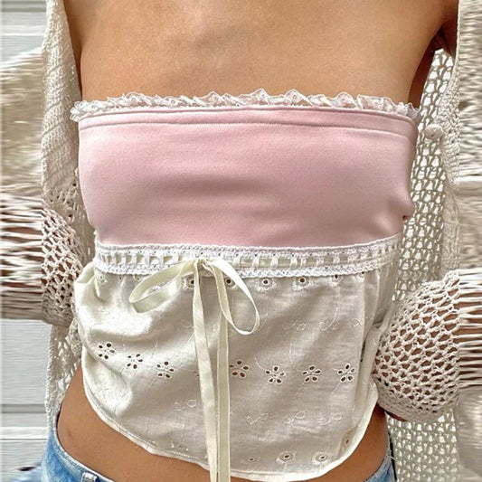Women's Bandeau Top Kawaii Bow Lace Frill Strapless Tube Tops Summer Sexy Off Shoulder Backless Tie-up Vest Y2k Streetwear