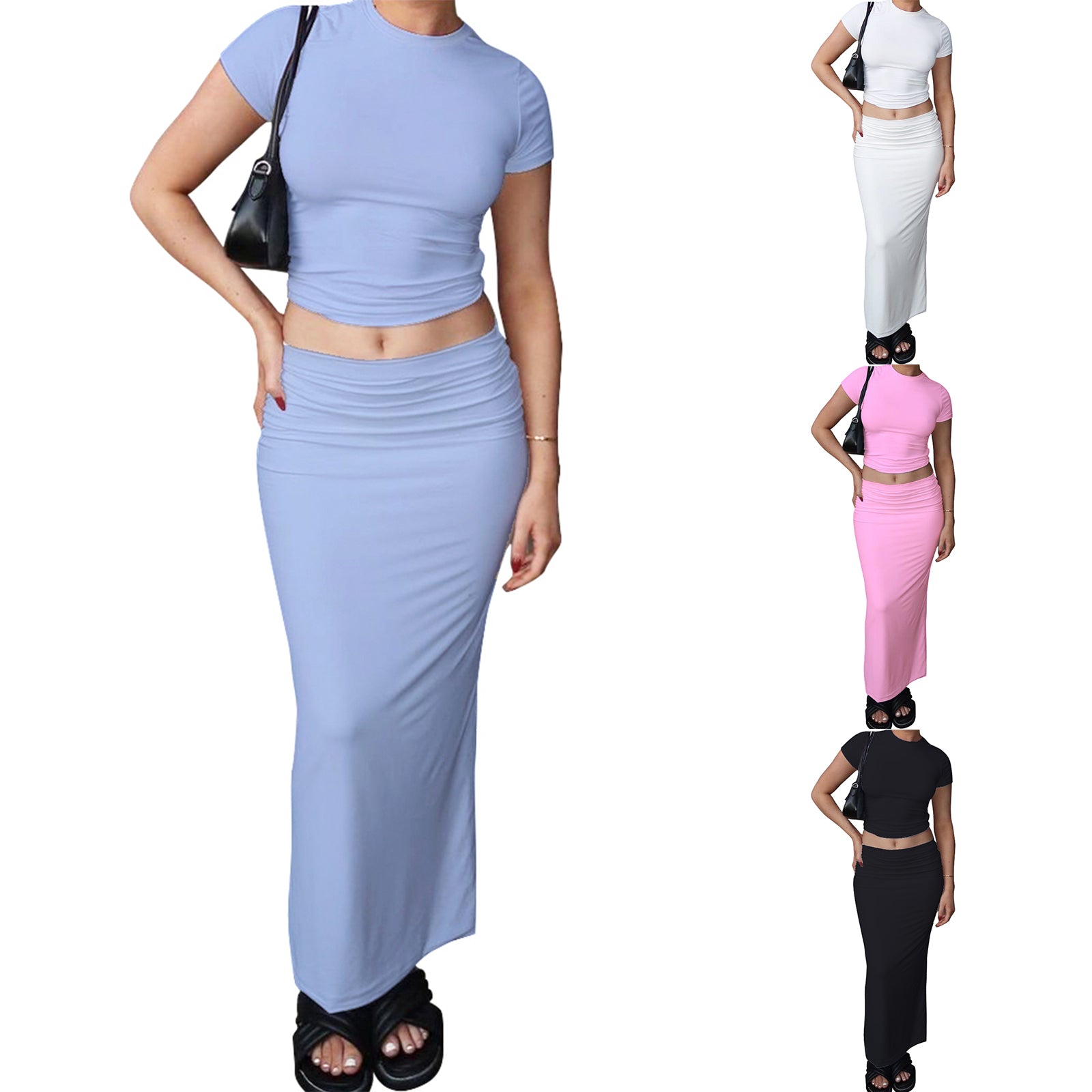 Women Sexy Skirt Set Fashion Solid Crop T-shirt Long Bodycon Skirts Ladies Summer 2 Piece Bodysuit Chic Outfit