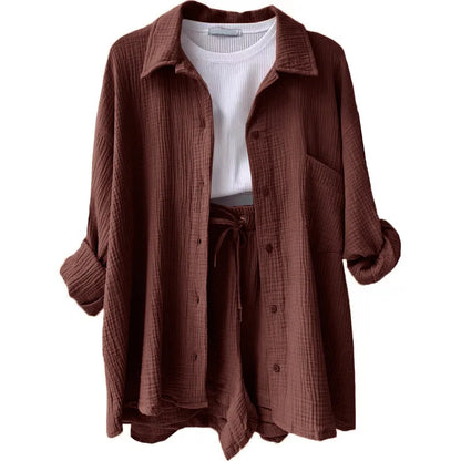 Short Sets Women Tracksuit Single Breasted Cardigan Blouses Two Pieces Shorts Loose Button High Street Solid Pockets Folds Dark Brown