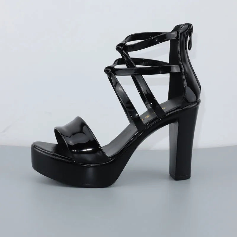 Big Size 32-43 Block Heel Platform Sandals Women Wedding Shoes 2025 Summer High Heels Gladiator Sandals Patent Leather Sandals