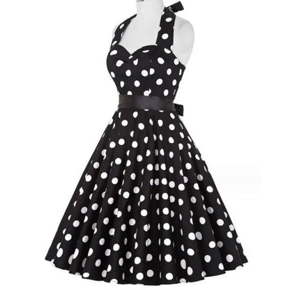 Women Summer Polka Dot Vintage Dress Fashion Party Office Lady Rockabilly Big Swing Halter Clothes
