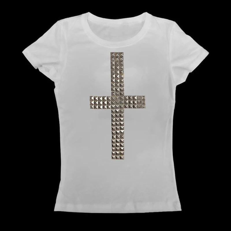 Emo Kpop Goth Baby Tees Women 90s Vintage Clothing T-shirts Kawaii Girl Harajuku Cross Hot Stamping Y2k Clothes Streetwear white02