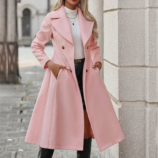 Women Trench New Autumn Winter Pink Coat Fashion Streetwear Suit Collar Button Elegant Lady Coat Trench Slim Versatile Clothing