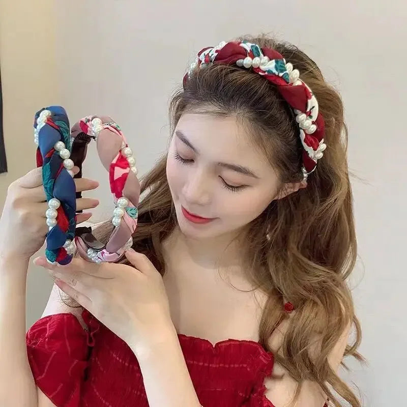 Women's Pearl Face Washband Anti-Slip Woven Headband High-End Feel Outing Hair Tie Pearl Hair Band Hair Accessories