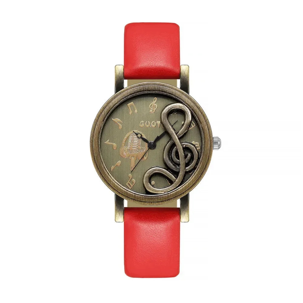 Vintage Women Watches Personalized Music 3D Style Leather Band Ladies Dress Waches Casual Outdoor Wristwatch Relogio Feminino Red