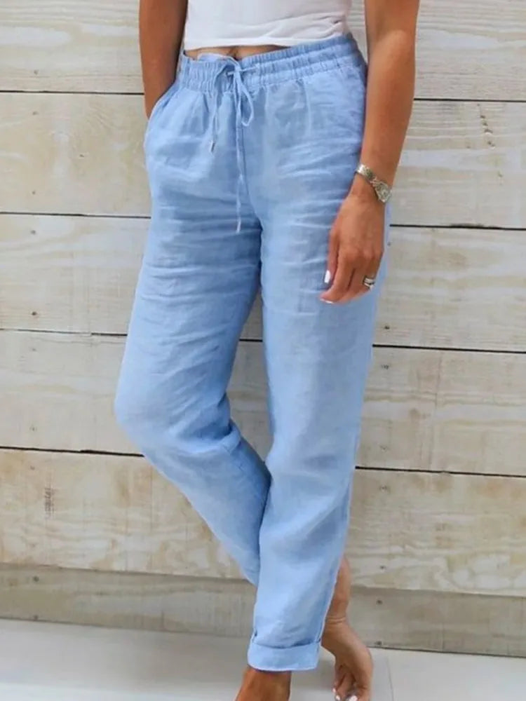 Plus Size XL-5XL Summer Cotton Linen Pants Women 2025 Elastic High Waist Casual Trousers Streetwear Solid Loose Pencil Pants Blue