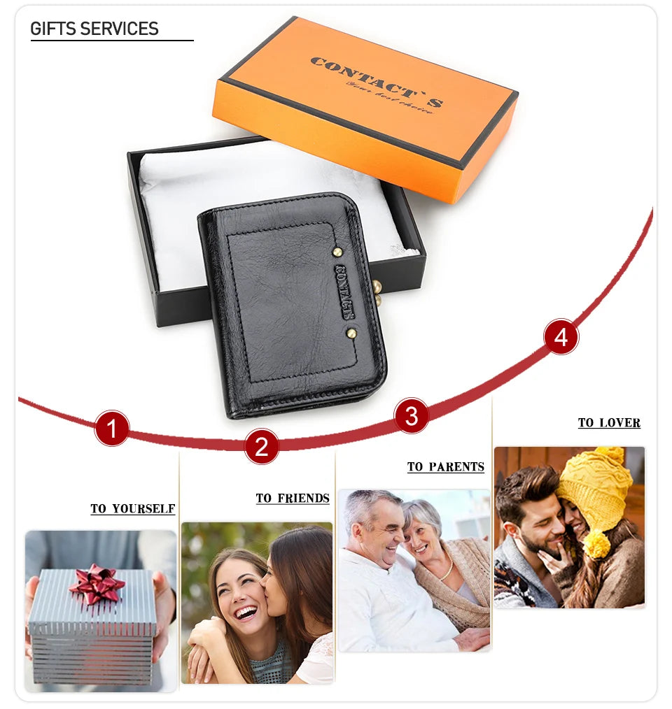 CONTACT'S Genuine Leather Short Wallets for Women Kiss Lock Classic Wallet Metal Frame Coin Purses Card Holder Money Clip Bags