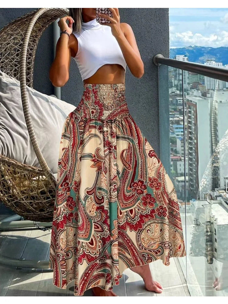 Women Fashion Floral Print Folds Bohemian Elastic High Waist  Skirt Ladies Knee-Length Long Skirts For Women Badiee Stylez