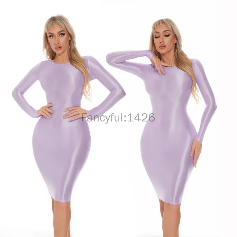 Sexy Women Bodycon Dresses Glossy Tight Dress Professional Uniform Seductive See-Through Underwear Seamless Nightdress For Lady