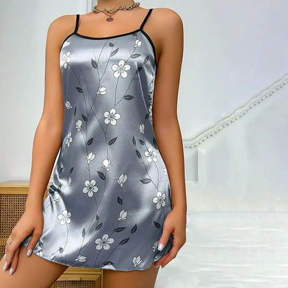 Women's Sleepdress Satin Floral Print Nightdress Comfortable Spaghetti Strap Sleepwear Dress Luxurious Satin Slip Nightdress Blue Grey