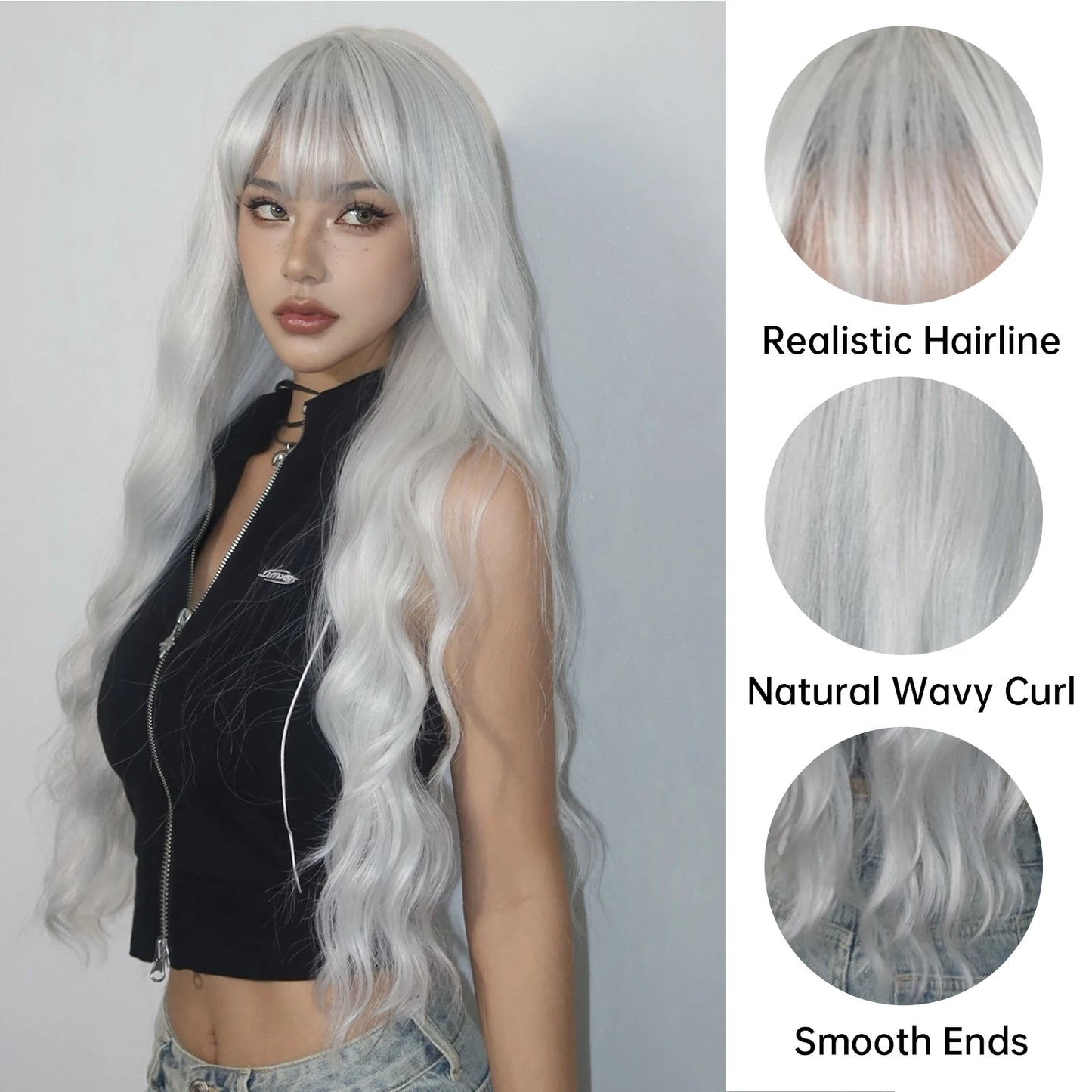 Super Long Curly Silver Synthetic Wig with Fluffy Bangs White Water Wave Hair Wigs for Women Daily Use Cosplay Colored Hair Wig