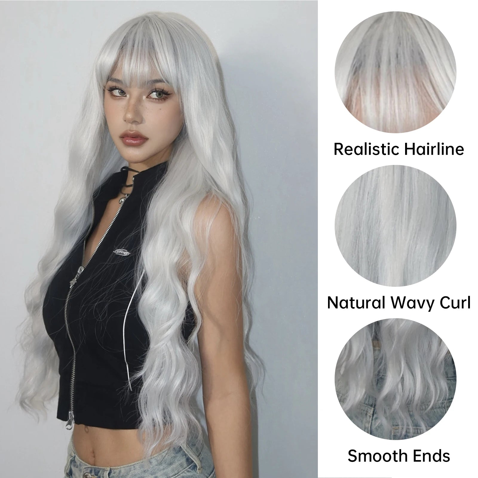 Super Long Curly Silver Synthetic Wig with Fluffy Bangs White Water Wave Hair Wigs for Women Daily Use Cosplay Colored Hair Wig