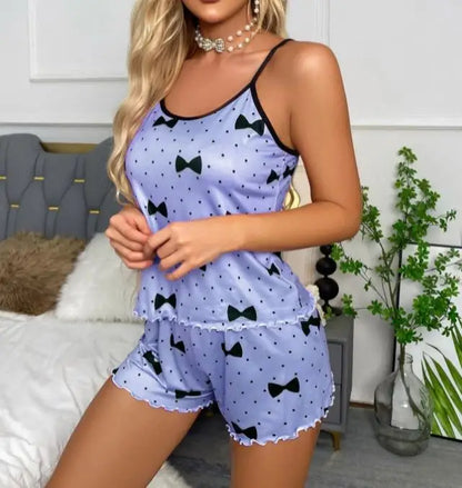 Womens Sexy Heart Print Pajama Set Cami Top Lettuce Trim Shorts Two Piece Sleepwear Loungewear Spaghetti Strap Contrast Trim