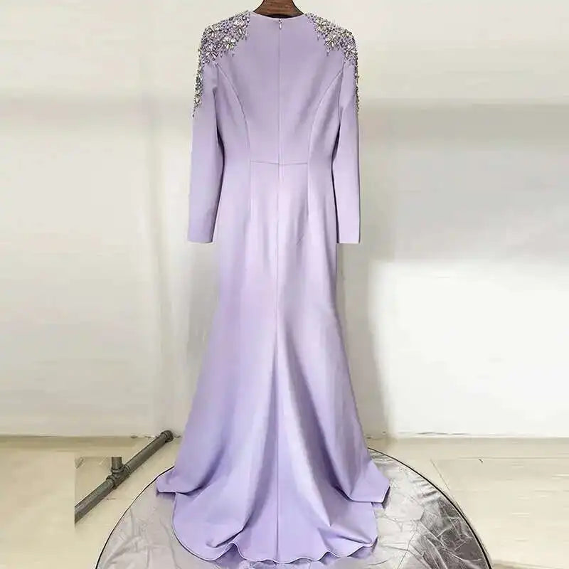 QMQA Fashion Women's Evening Dress Bead Diamond Spliced V Neck Long Sleeve High Waist Maxi Party Dresses 2025 Spring New QM324 Badiee Stylez