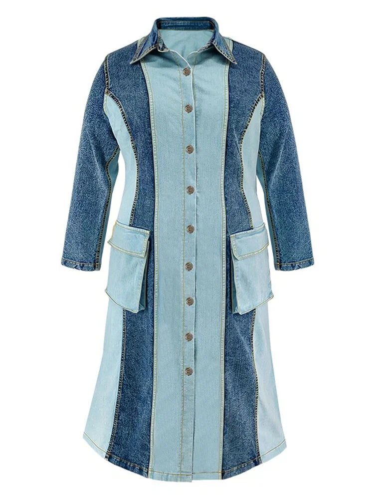 Wmstar Plus Size Denim Dresses Women Long Sleeve Casual Button Pockets Striped Maxi Dress Fall Clothes Wholesale Dropshipping