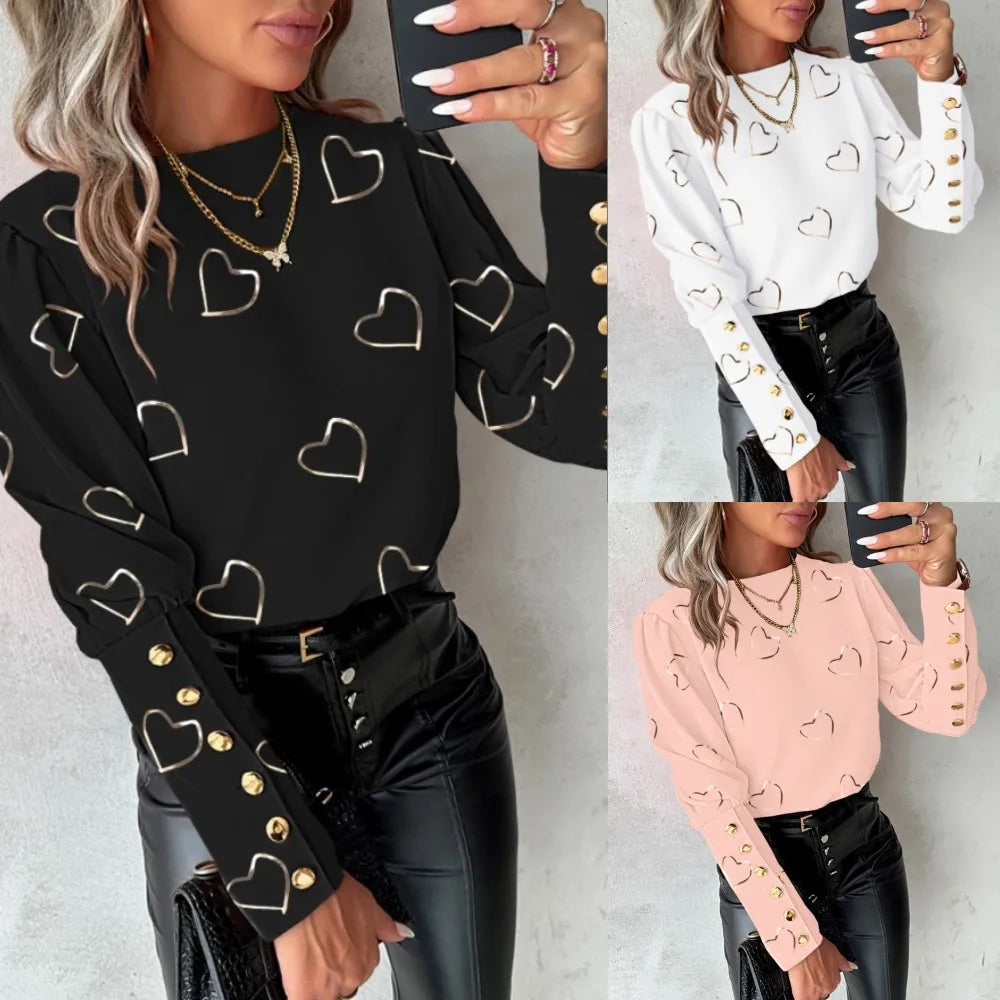 Fashion Long Sleeved Button Printed Blouse T Shirt Women's Spring Autumn Simple Pullover Top
