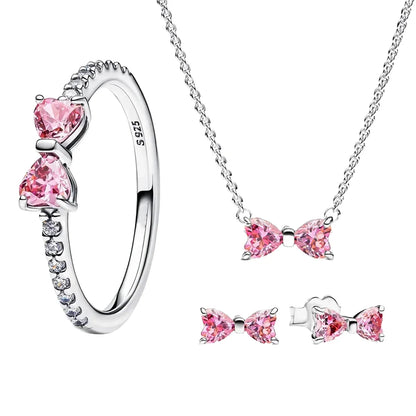 Fine Jewelry Pink Shining Bow Set Ring Earrings Bracelet Necklace Zircon Original 925 Sterling Silver DIY Women DIY Birthdy Gift