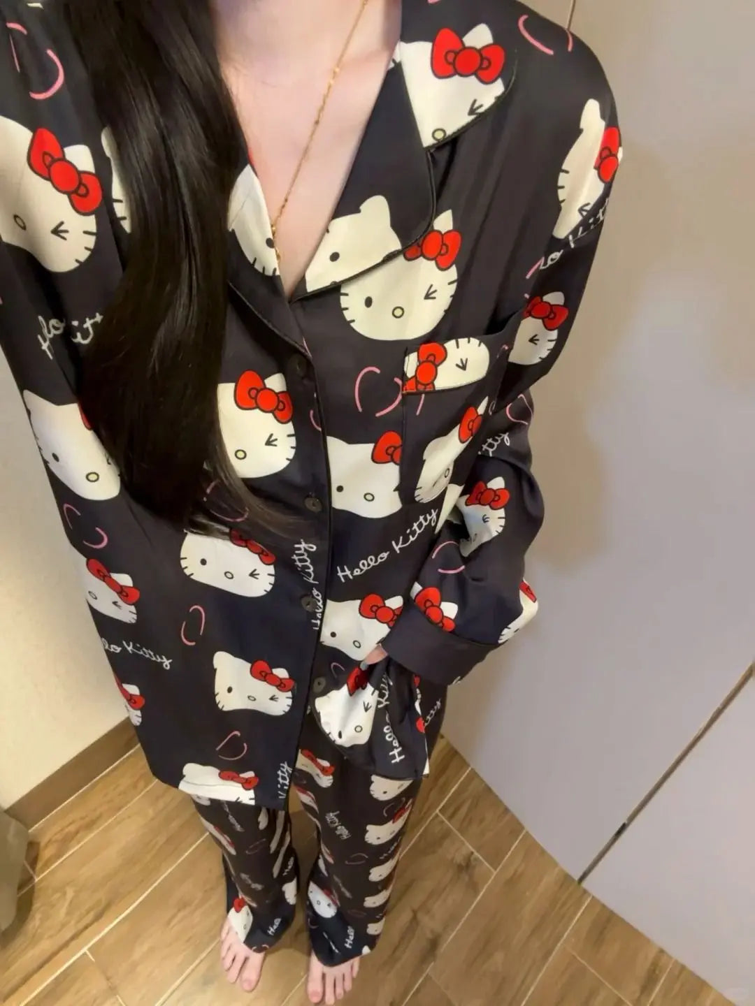 2025 New 2Pcs/Set Hello Kitty Pajama Kawaii Cartoon Long Sleeve Pants Black Home/Outdoor Loungewear Sanrio Home Clothing