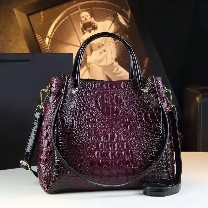 Genuine Leather Women Handbags New Tote Bag Fashion Crocodile Print Bucket Bag Retro Shoulder Messenger Bags Trend 2025 PURPLE