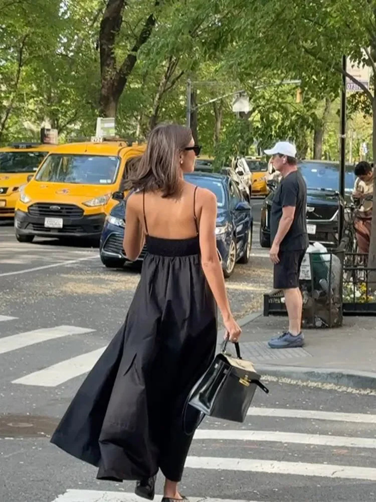 Solid Backless Spaghetti Strap Dress Women's Fashion Loose High Waist A-line Vestidos Summer Lady Holiday Street Robes 2025 New