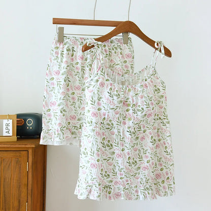 2025 Japanese Summer New Women's Pajama Set 100% Cotton Crepe Cloth Ladies Suspender+Shorts Two Piece Home Furnishing Set