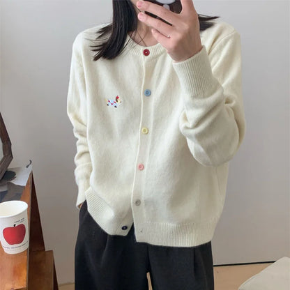 Women Knitwear Chic Embroidery Loose Casual Cardigan Autumn Winter Soft Elegant O-neck Sweaters Commute Basic Knitted Tops APRICOT