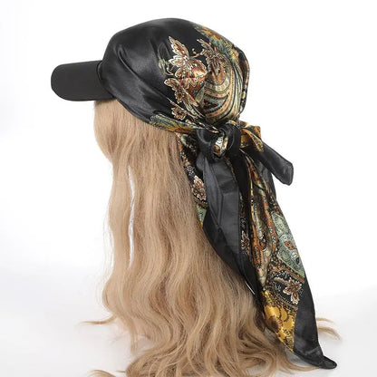 Outdoor Satin Silk Headscarf Hat with Brim 2-in-1 Sun Hat and Headband Elegant Printed Square Scarf Cap