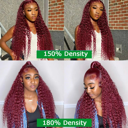 30 36Inch 99J Burgundy 13x6 Hd Lace Frontal Human Hair for women Red Colored 13x4 Transparent Lace Curly deep wave frontal wig Badiee Stylez