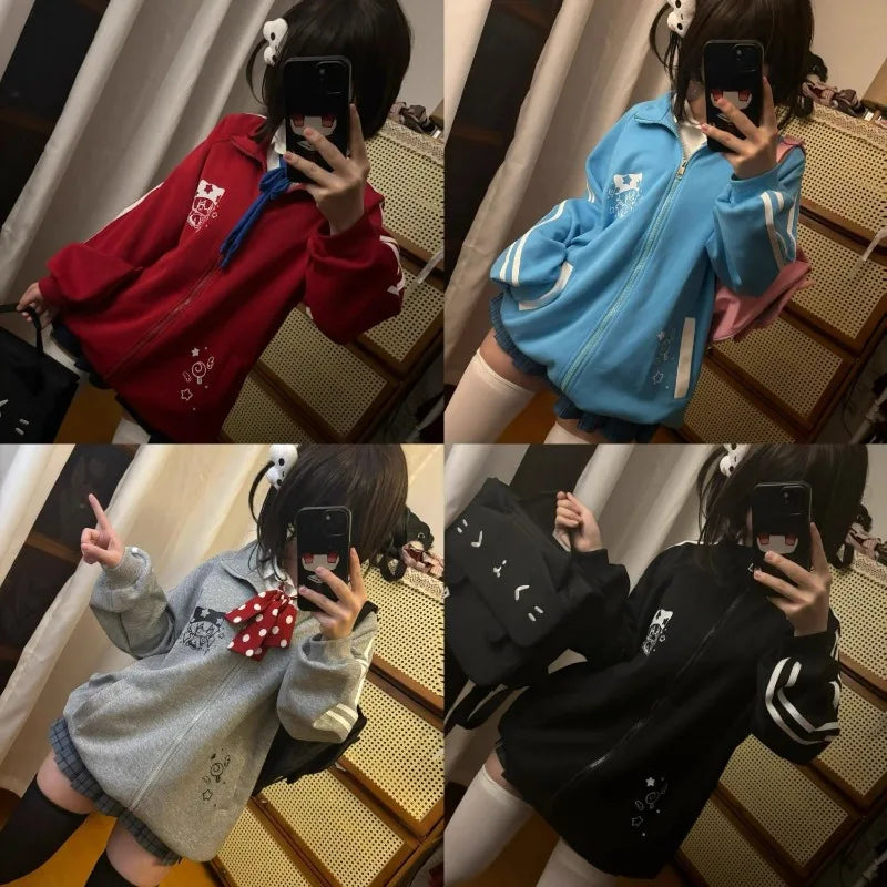 Preppy Style Fashion Cute Japanese Zip Up Cardigan Harajuku Punk Grunge Loose Turn Down Collar Y2k Hoodies Casual Sweatshirts Badiee Stylez