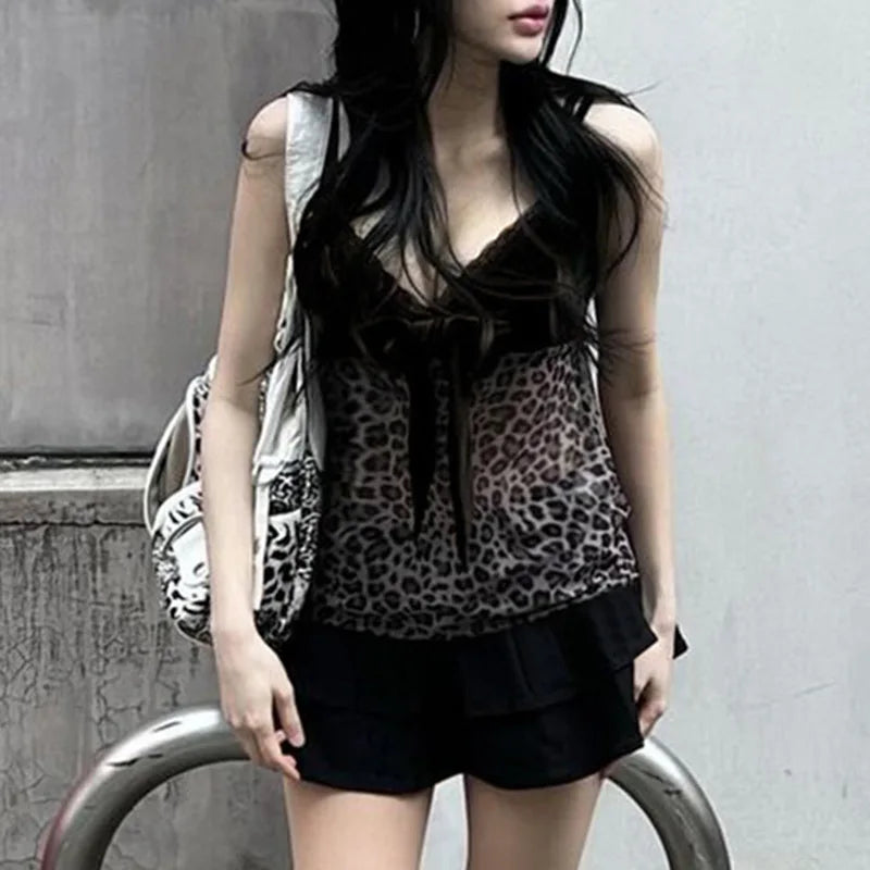 Leopard Mesh Crop Top y2k Bow Velvet Patchwork See Through Mini Vest Grunge Korean Vintage Camisole Lace Frill Tanks