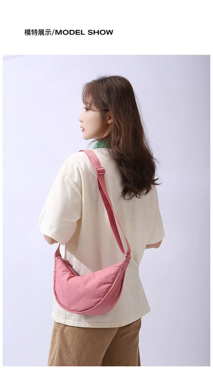 Solid Color Women's Portable Shoulder Bag Simple Female Nylon Cloth Padded Crossbody Bags Travel Purse Handbags Messenger Bag