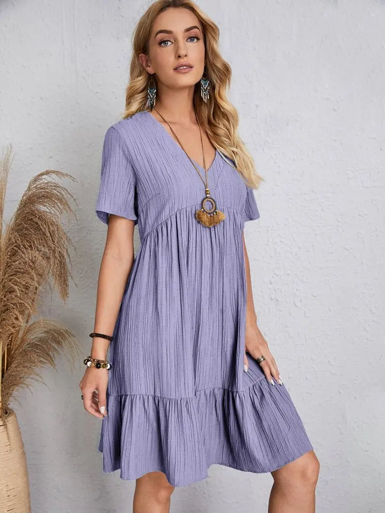 Women Elegant Short Sleeve V Neck Ruffles Dress Summer Casual Solid Loose Mini Dress Chic Bohemian Sundress Beach Party Vestidos Badiee Stylez
